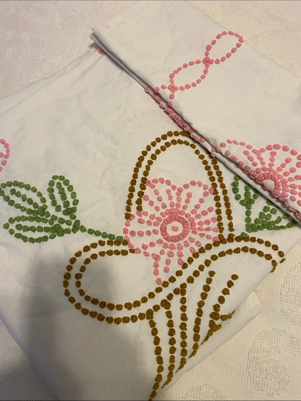 Vintage embroidered bed cover, see pictures for flaws. It’s gorgeous